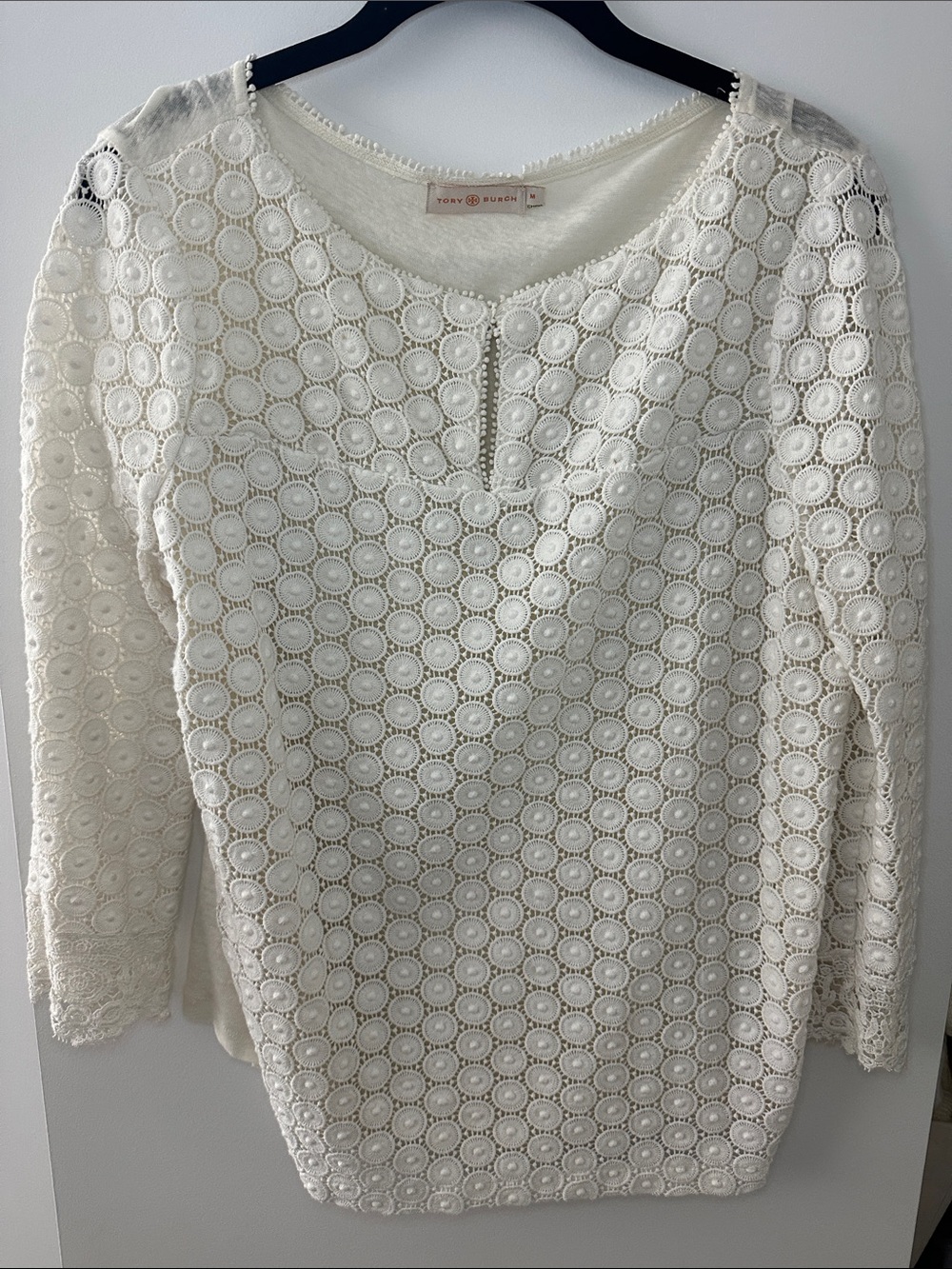 Tory Burch Ivory Circular Lace 3/4 Sleeve Top